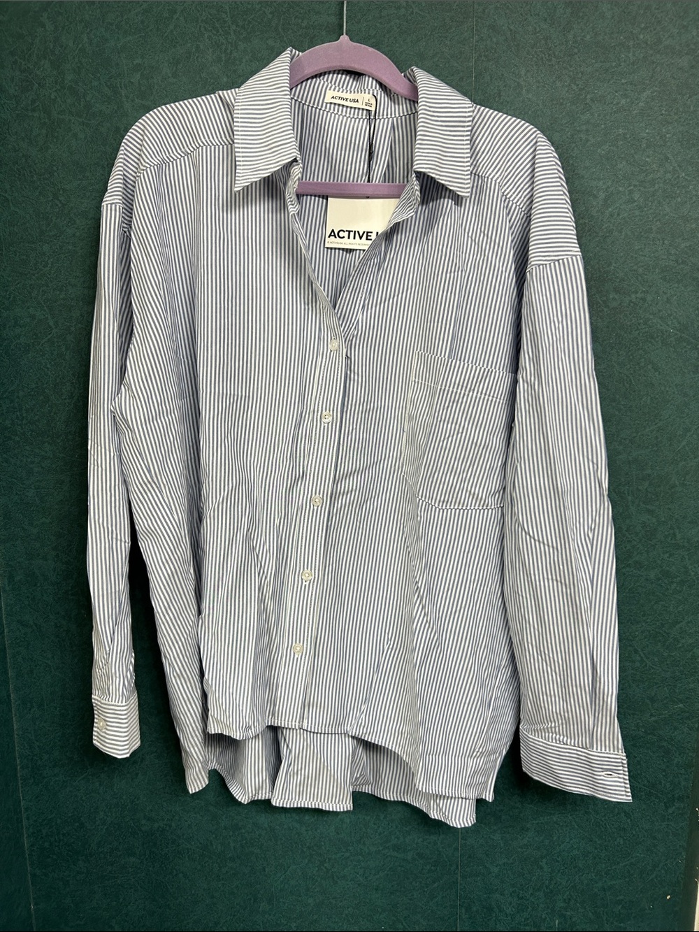 NWT L Active USA Oversized Blue and White Striped Casual Button-Down Shirt